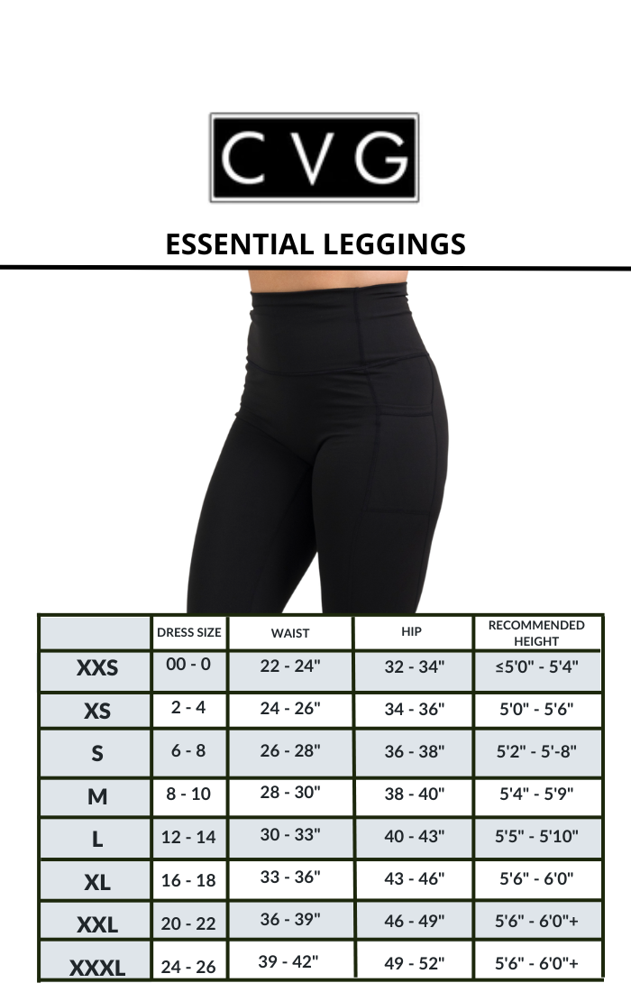 sizing chart for the essential cut black leggings