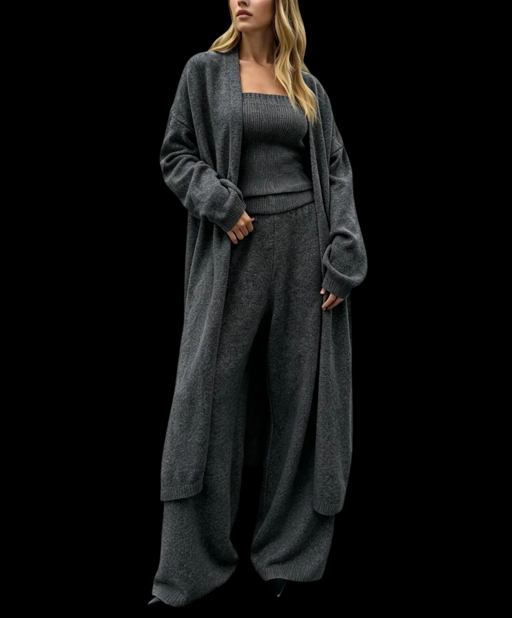 Three-Piece Knit Bustier Cardigan Pants Set