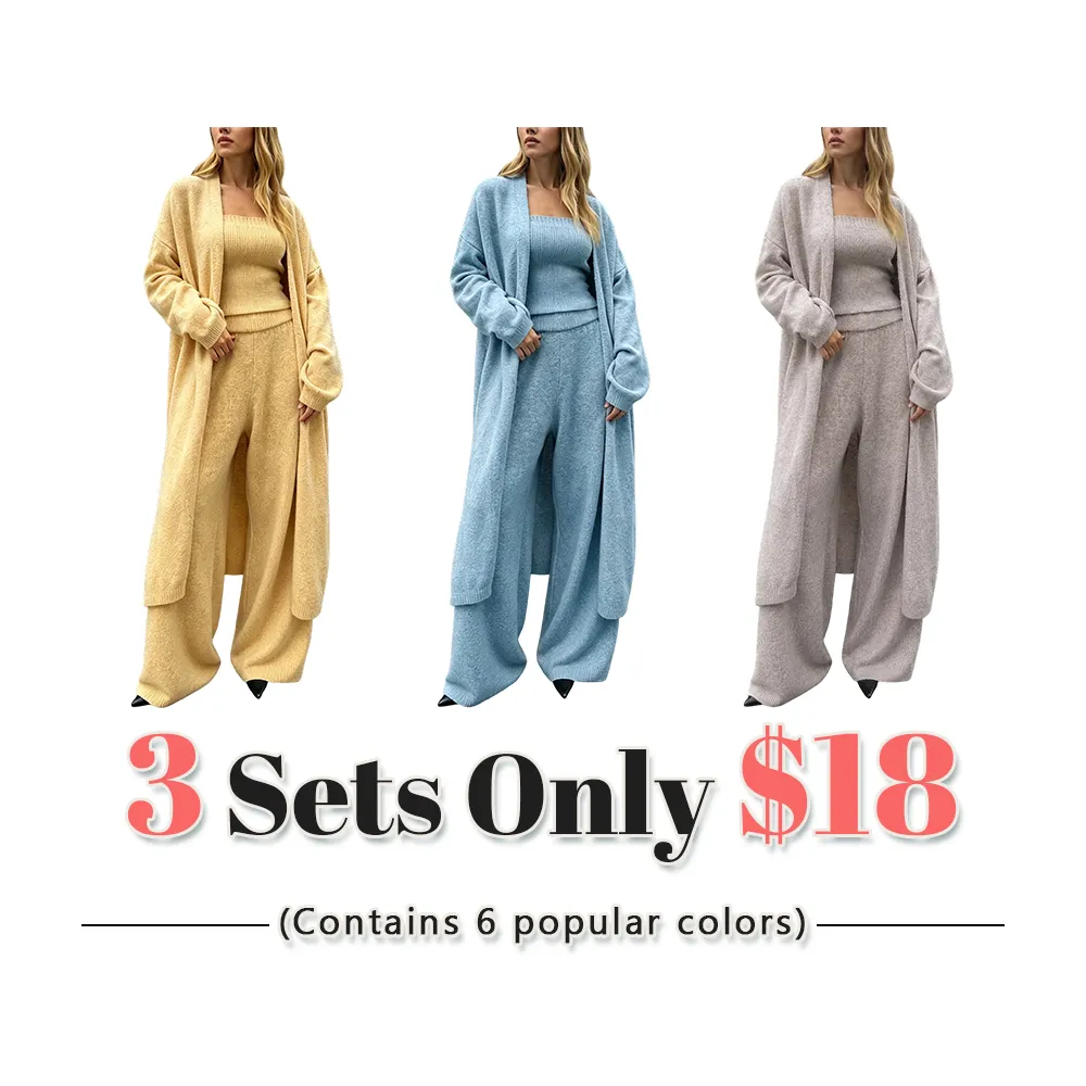 Three-Piece Knit Bustier Cardigan Pants Set