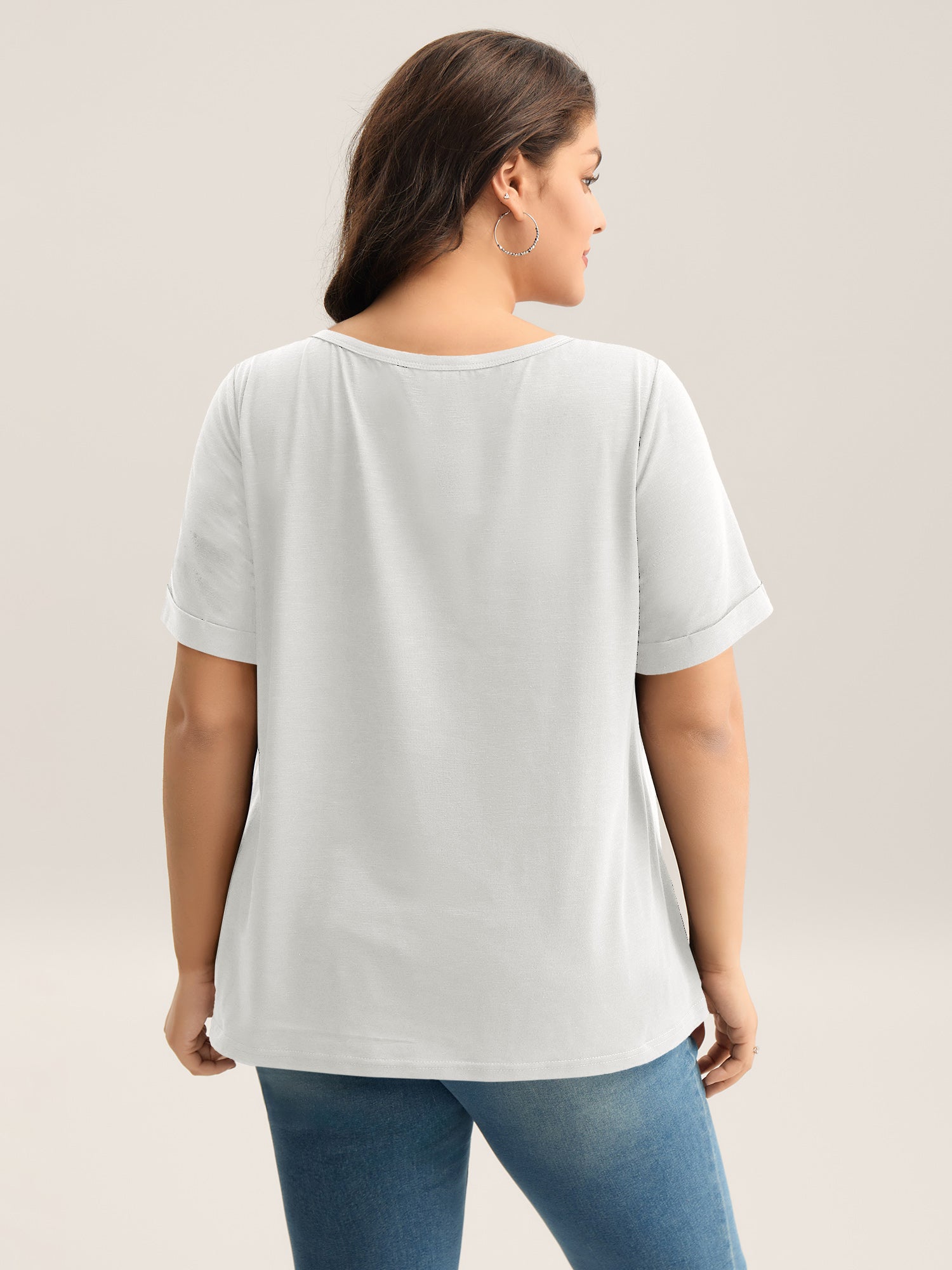 Solid Split Neck Button Detail T-Shirt