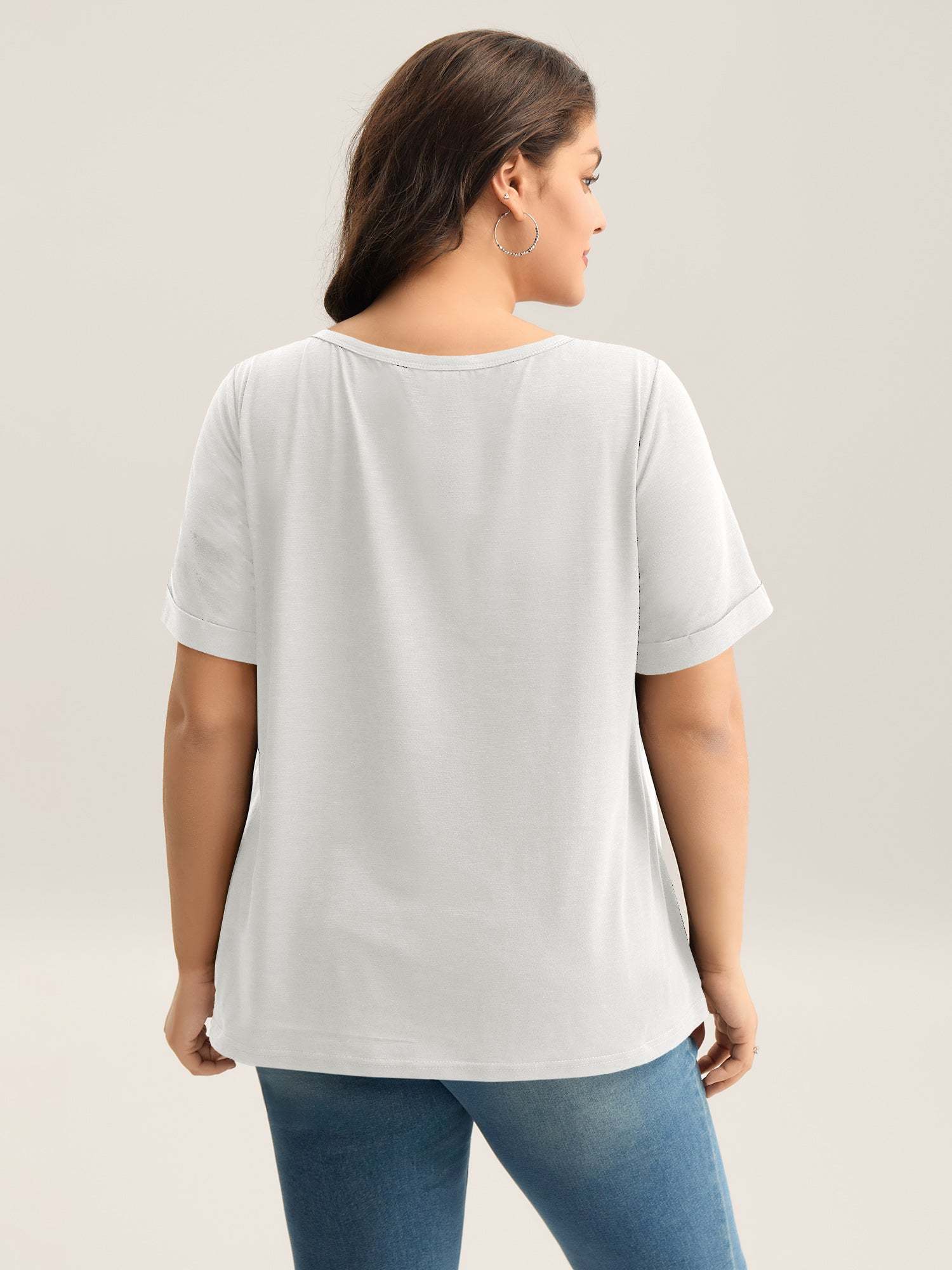 Solid Split Neck Button Detail T-Shirt