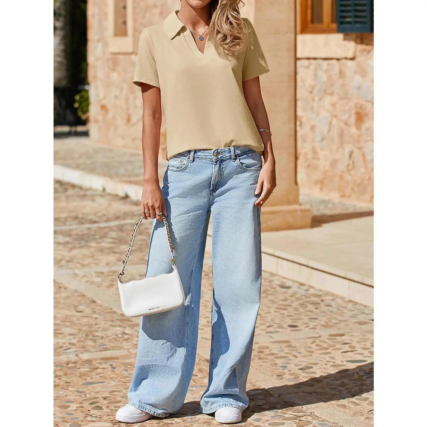 Women's Short-Sleeve Fitted Lightweight V-Neck Polo Shirt