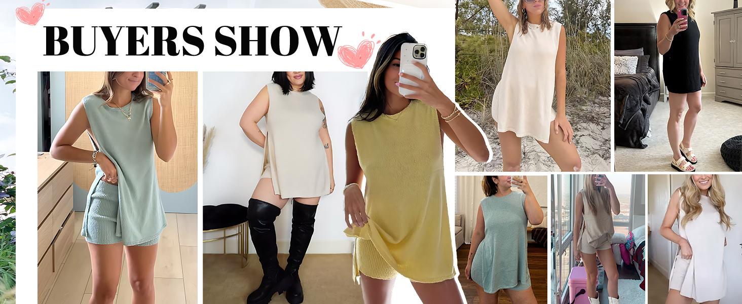 SCUSTY Women's 2 Piece Outfits Summer Knit Sweater Set Sleeveless Tunic Top Matching Shorts Trendy Beach Vacation Sets Loungesetwomen Suits Clothes Womenswear Basic Beige