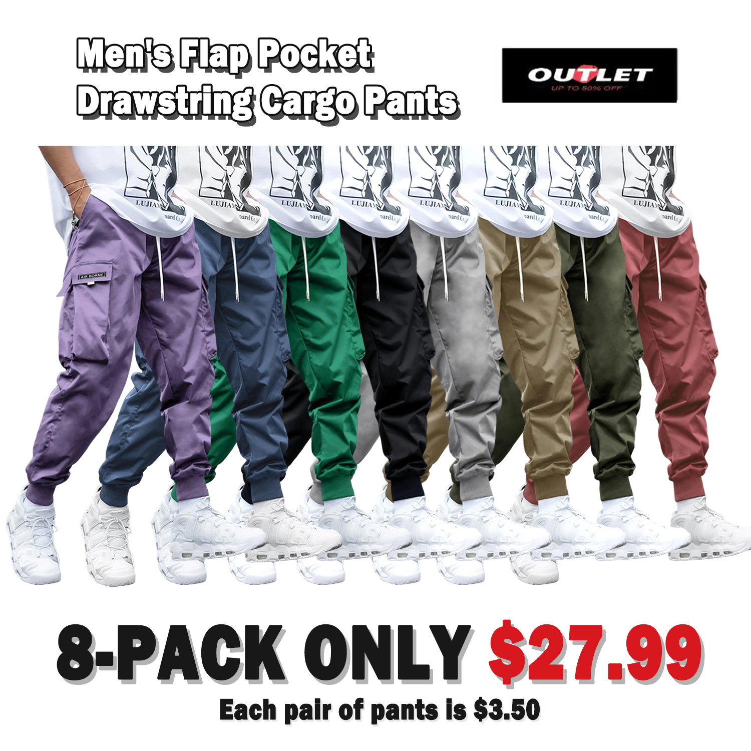 Men's Flap Pocket Streetwear Cargo Pants Drawstring Elastic Waist  Techwear Jogger 
