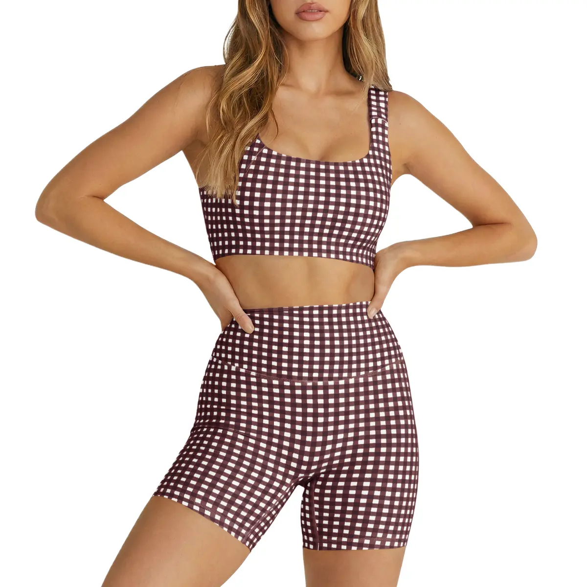 Women's 2-Piece Athleisure Wear Set Padded Gingham Crop Tank Top & High Waisted Sports Yoga Short