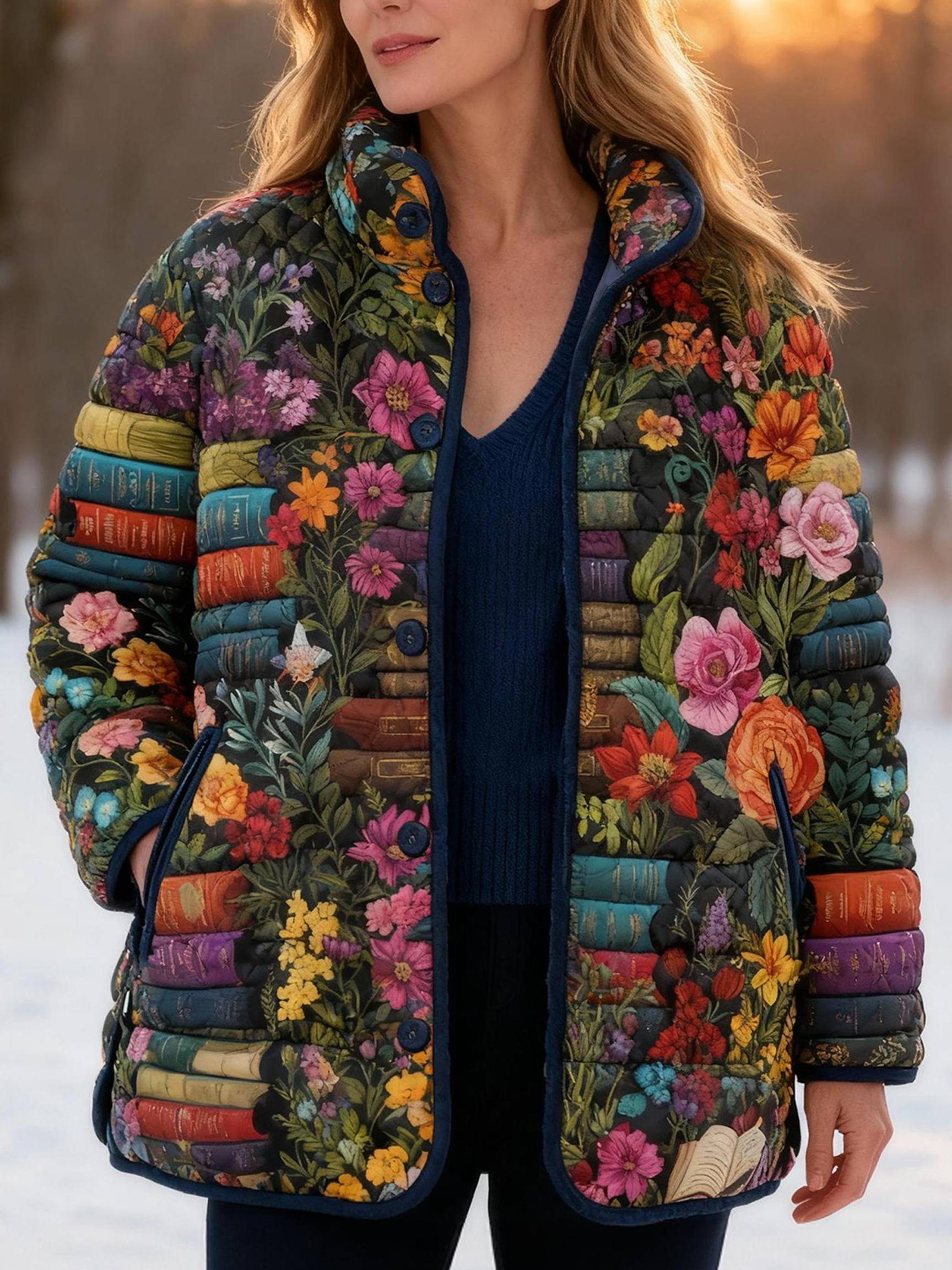 Vintage Book Stack & Floral Stylish Quilted Puffer Jacket Stand-Collar Casual Coat 