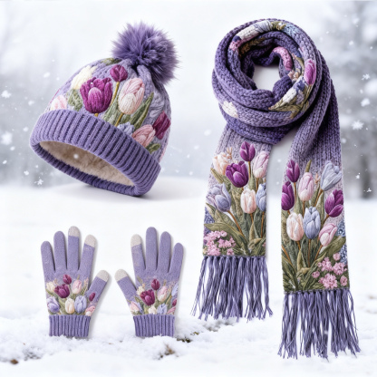 Womens Purple Tulips Garden 3Pcs Knit Hat Long Scarf and Touchscreen Gloves Set Fleece Lined Pom Pom Beanie Winter Gift 