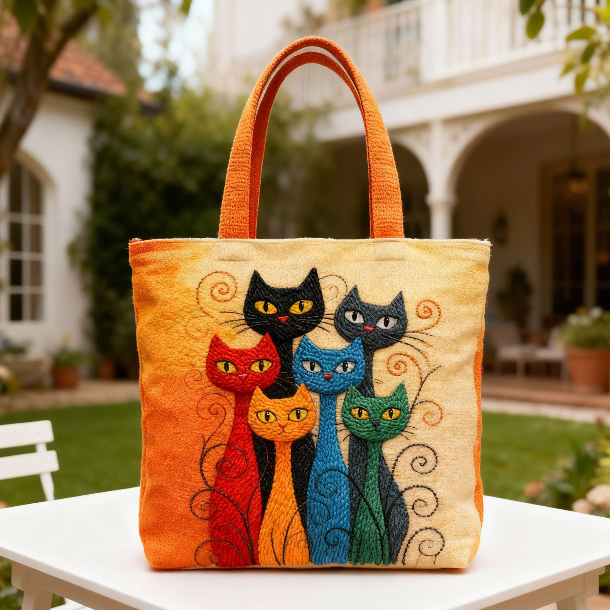 Colorful Whimsical Cat 3D Embroidery Canvas Tote Bag 