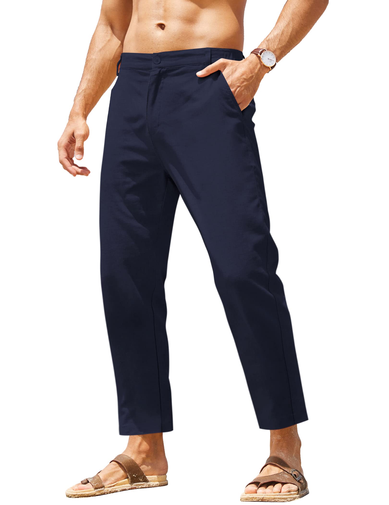 Men's Cotton Linen Pants Elastic Waist Lightweight Casual Pant