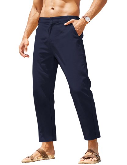 Men's Cotton Linen Pants Elastic Waist Lightweight Casual Pant