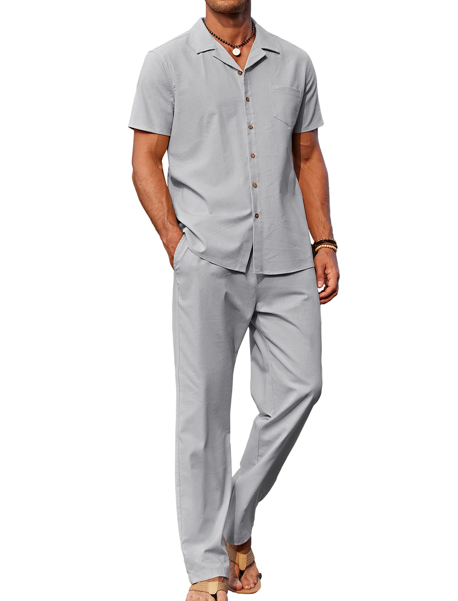 🔥Hot Summer Pick - Men's 2-Piece Linen Outfit Beach Button Down Shirt & Casual Loose Pant Set