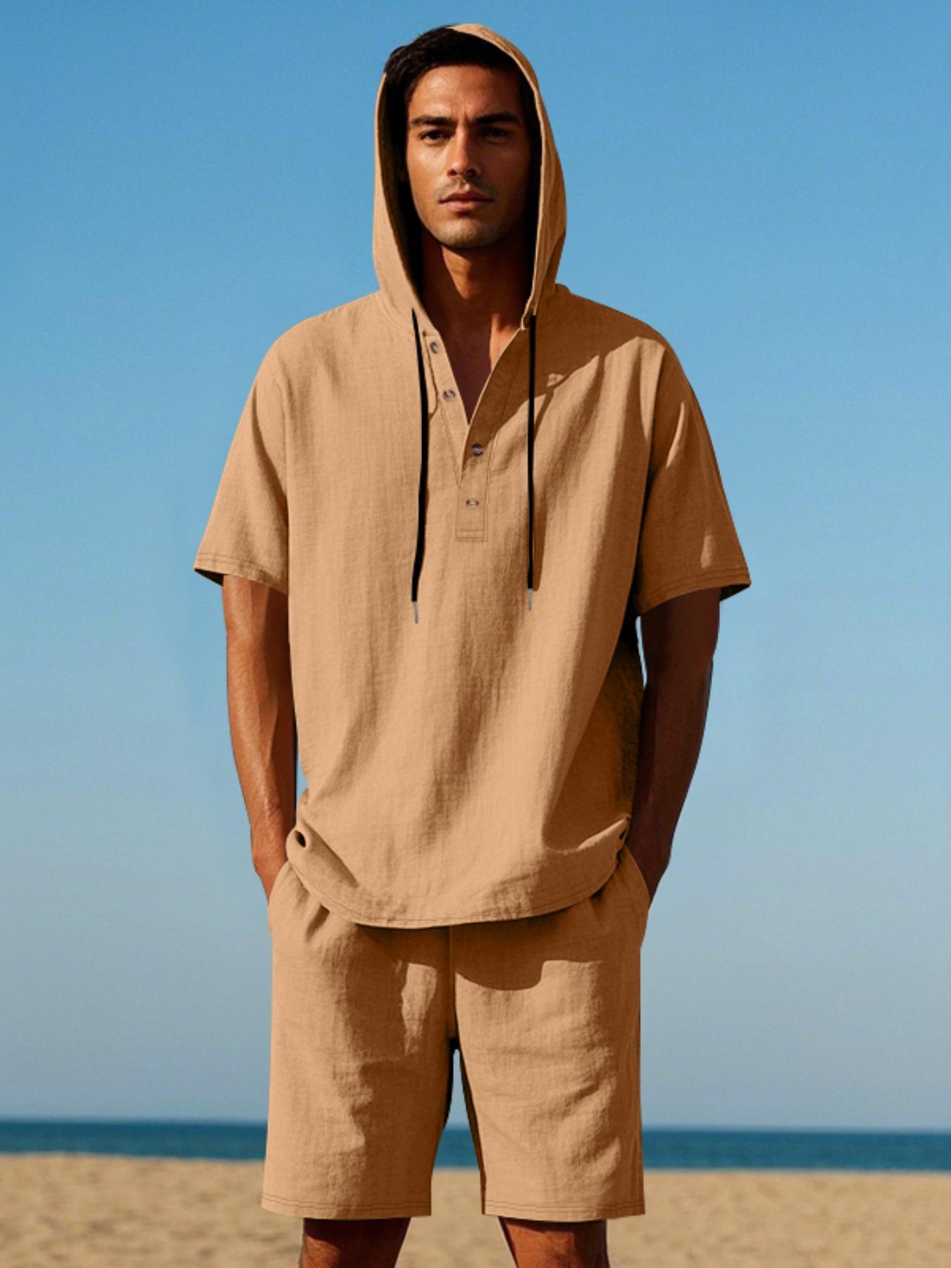 Men's Lightweight Linen Short Sleeve Hooded Henley Shirt & Short 2-Piece Set