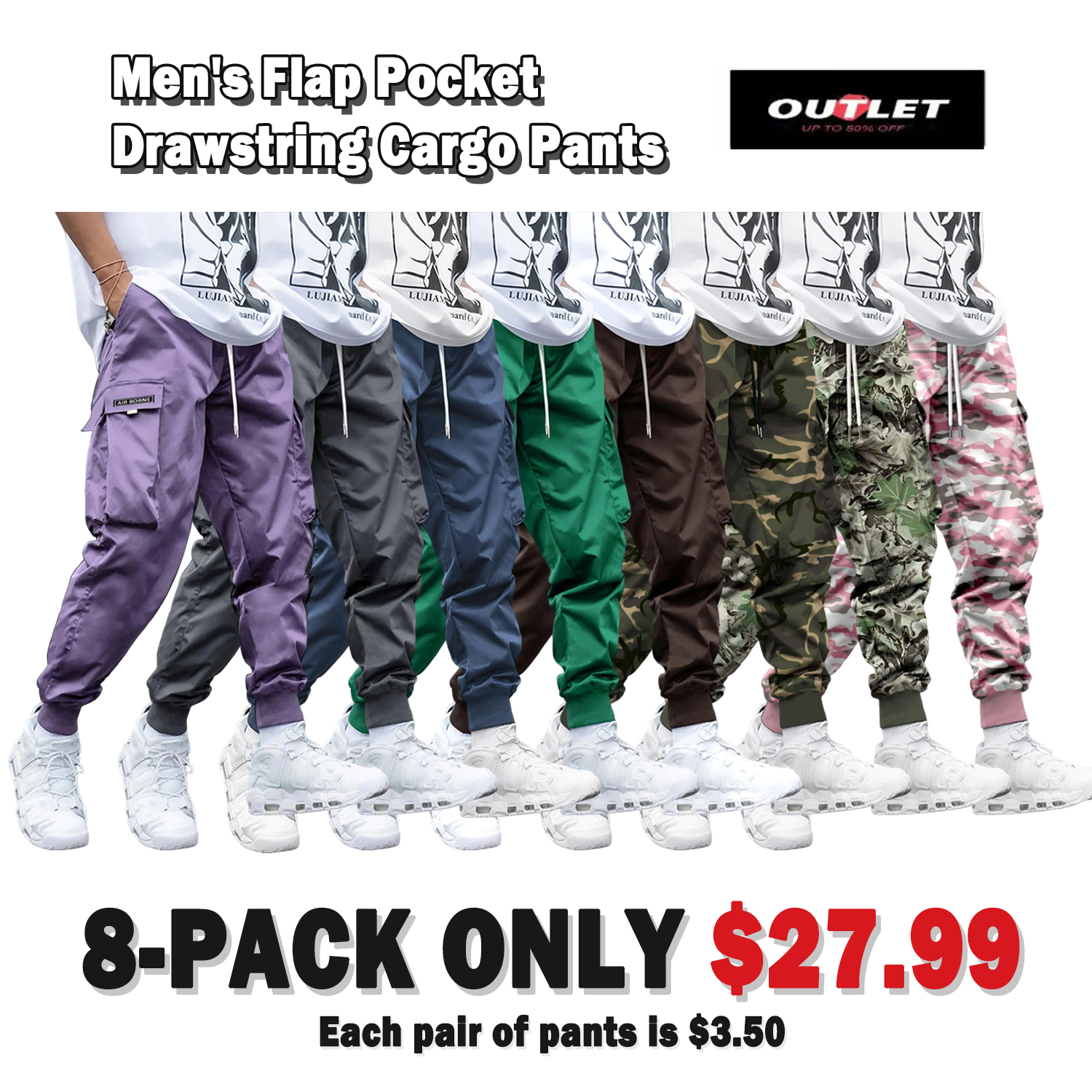 Men's Flap Pocket Streetwear Cargo Pants Drawstring Elastic Waist  Techwear Jogger 