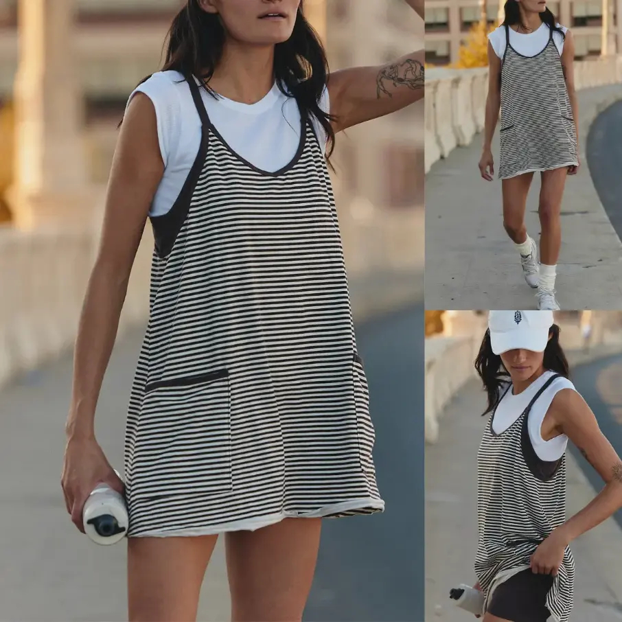 Women's Summer Athletic Mini Dress Sleeveless Built-in Shorts Striped Tennis Workout Dress