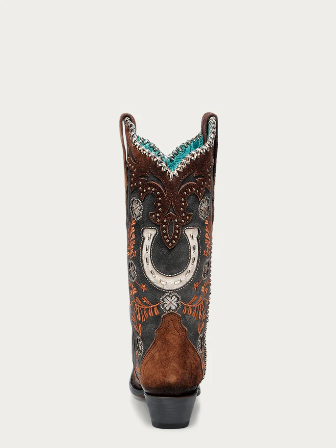 A4863 - WOMEN'S HONEY HORSESHOE OVERLAY EMBROIDERY STUDS HANDWOVEN SNIP TOE COWBOY BOOT