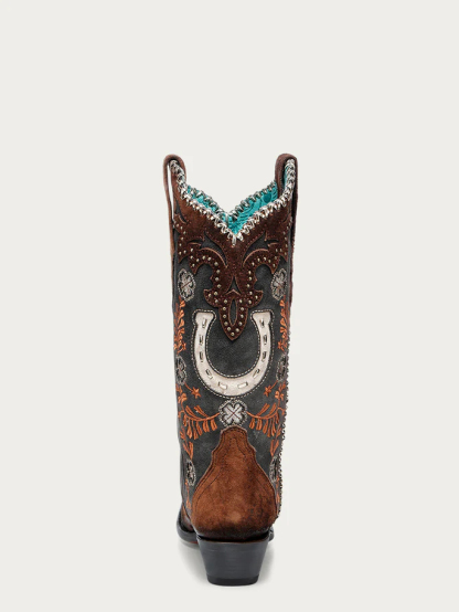 A4863 - WOMEN'S HONEY HORSESHOE OVERLAY EMBROIDERY STUDS HANDWOVEN SNIP TOE COWBOY BOOT