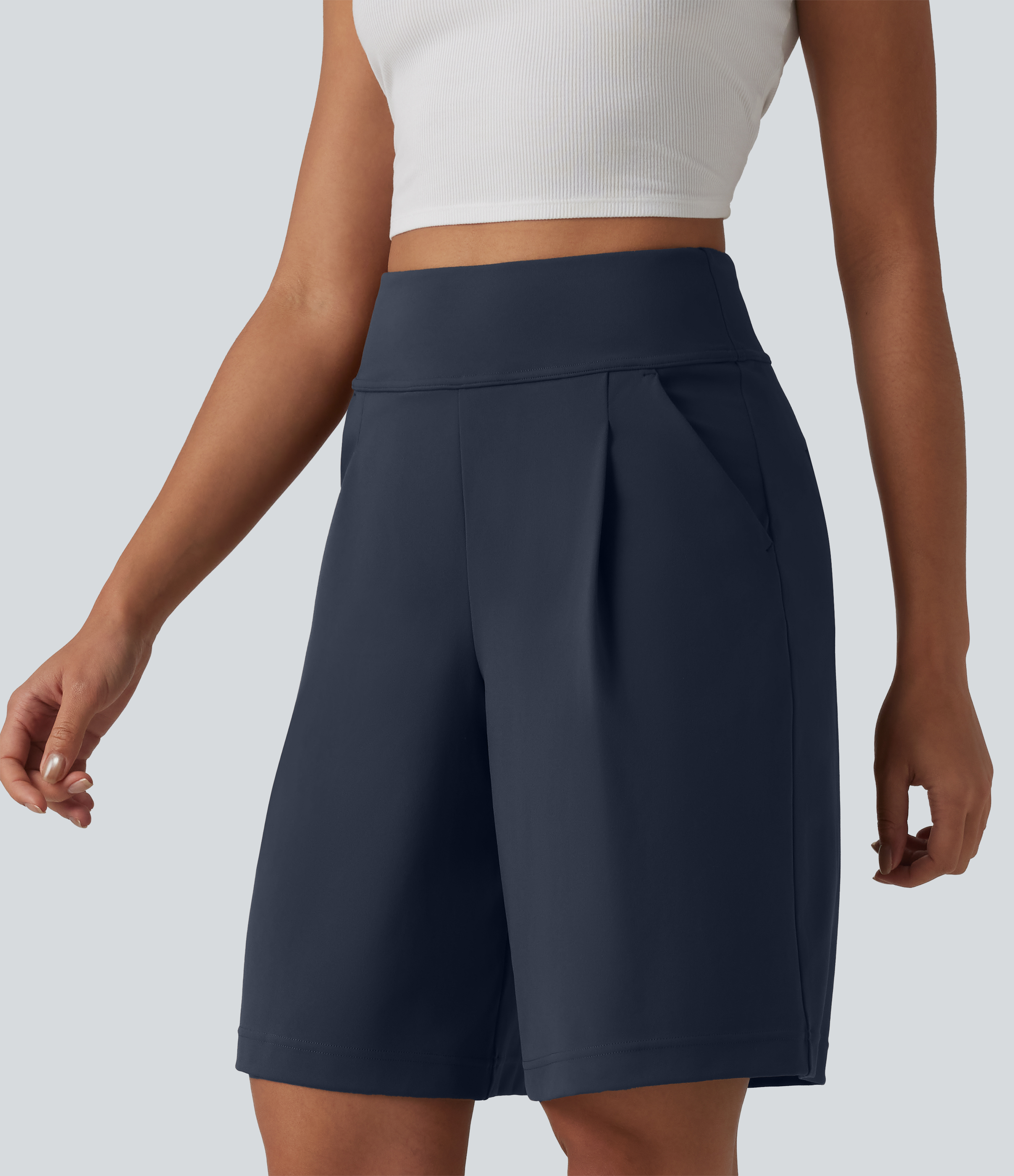 DayStretch High Waisted Pleated Work Bermuda Shorts 10'' with Pockets