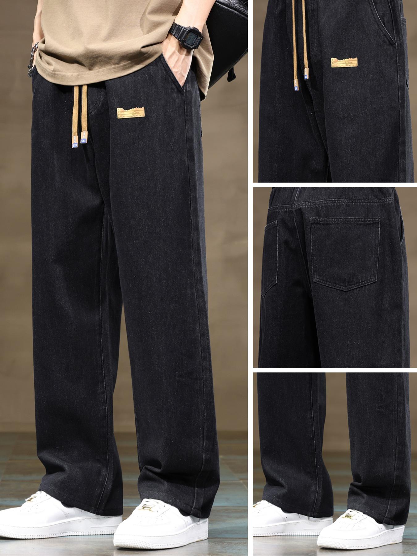 Men's drawstring waist straight-cut jeans, solid-colored Classic casual versatile non-stretch denim trousers, well-fitted straight-cut style, suitable for year-round wear, slightly smaller sizing recommended to order one size up