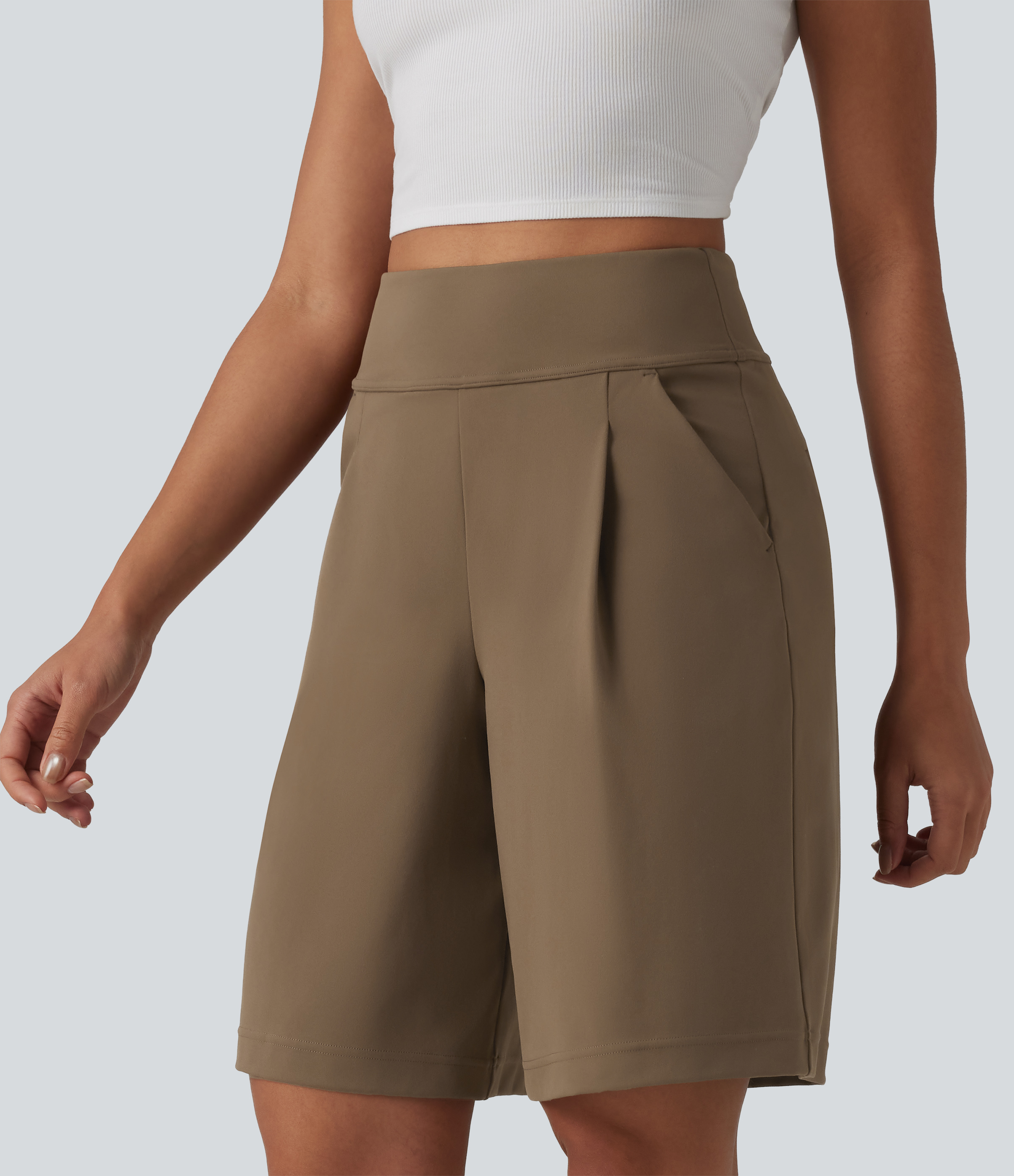 DayStretch High Waisted Pleated Work Bermuda Shorts 10'' with Pockets