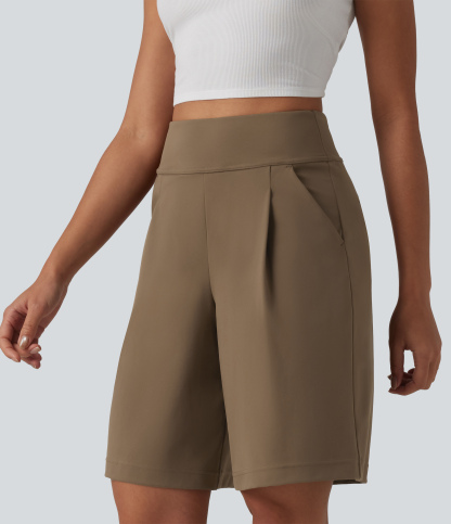 DayStretch High Waisted Pleated Work Bermuda Shorts 10'' with Pockets