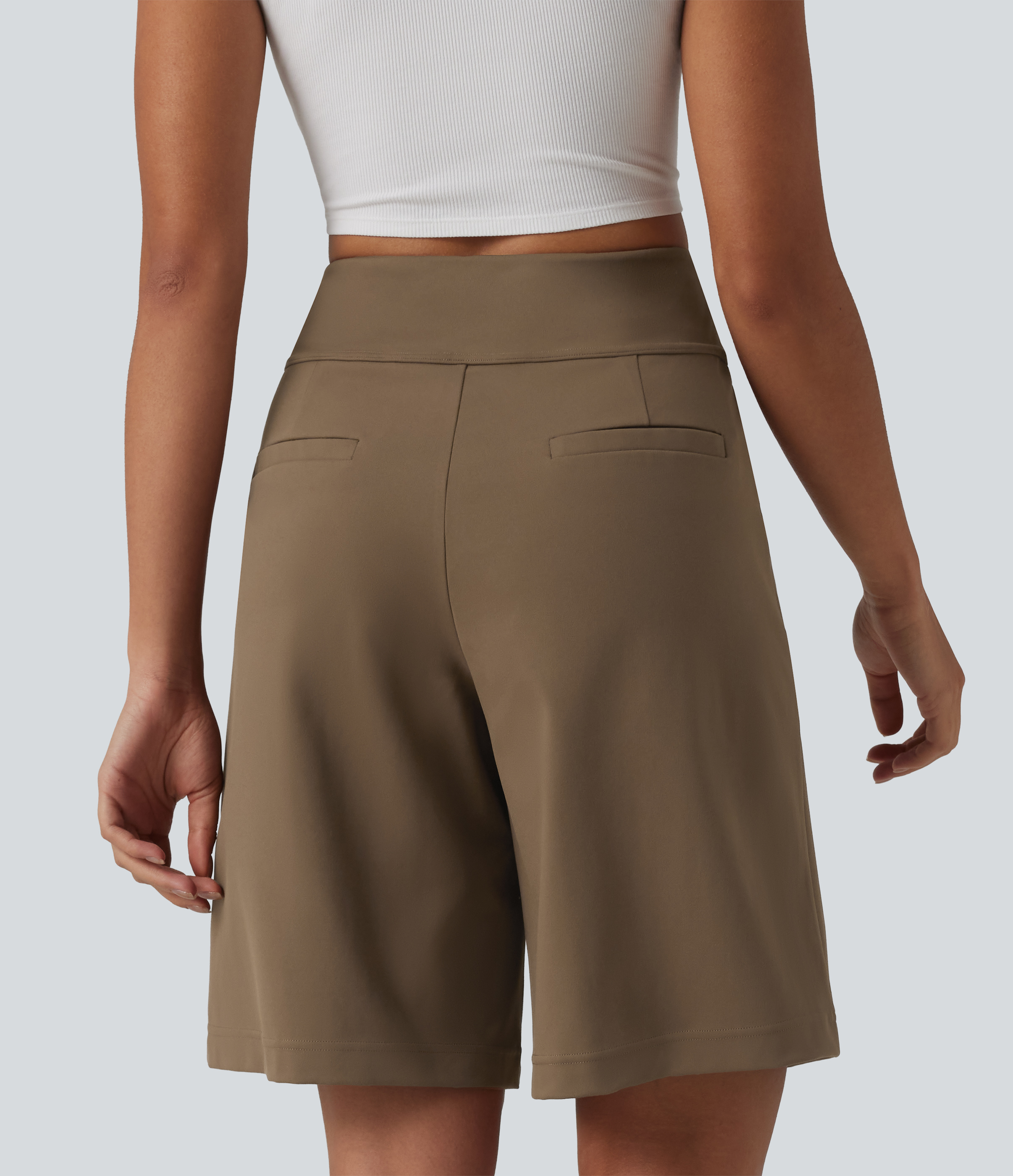 DayStretch High Waisted Pleated Work Bermuda Shorts 10'' with Pockets