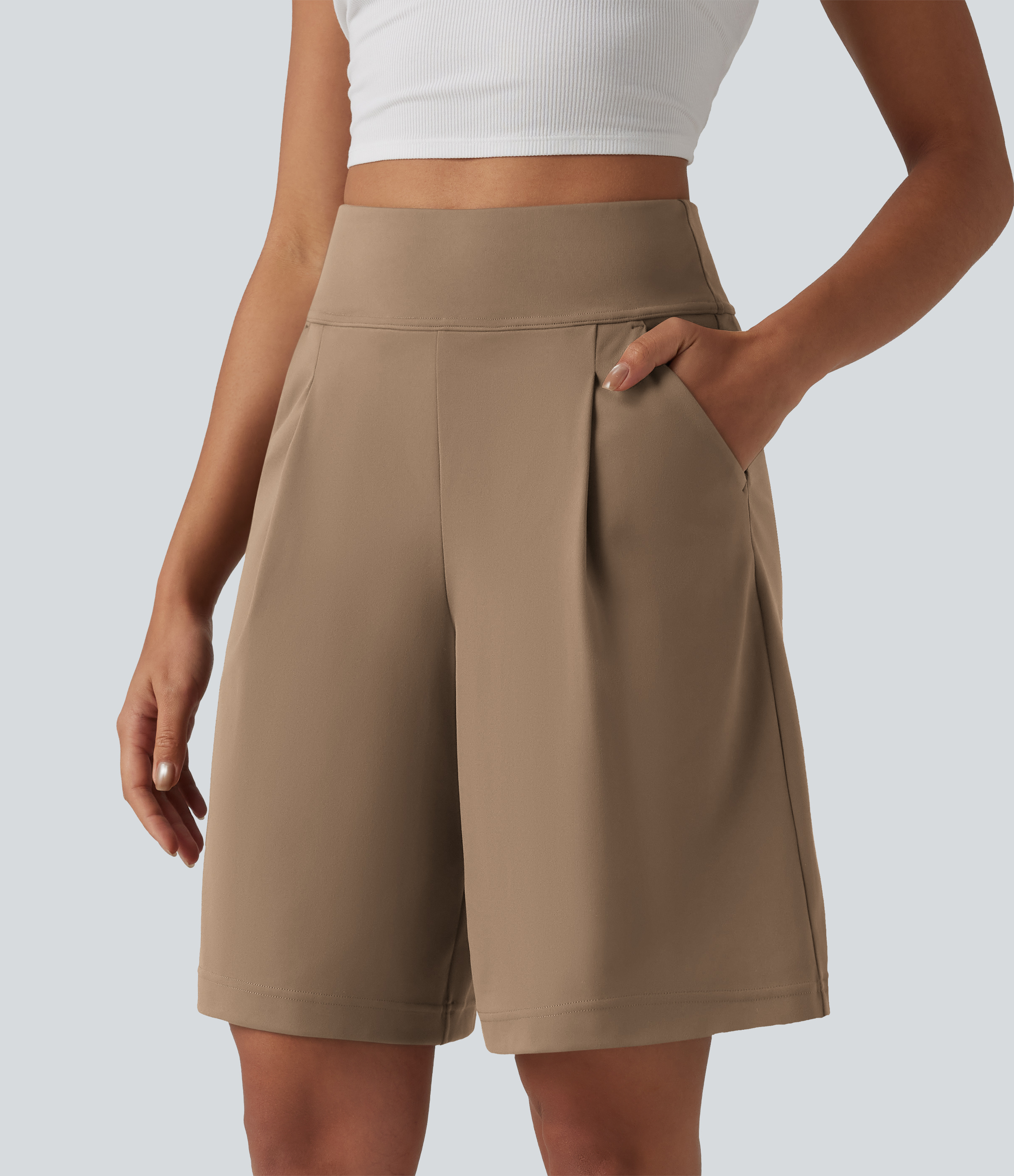DayStretch High Waisted Pleated Work Bermuda Shorts 10'' with Pockets