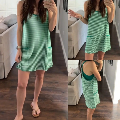 Women's Summer Athletic Mini Dress Sleeveless Built-in Shorts Striped Tennis Workout Dress