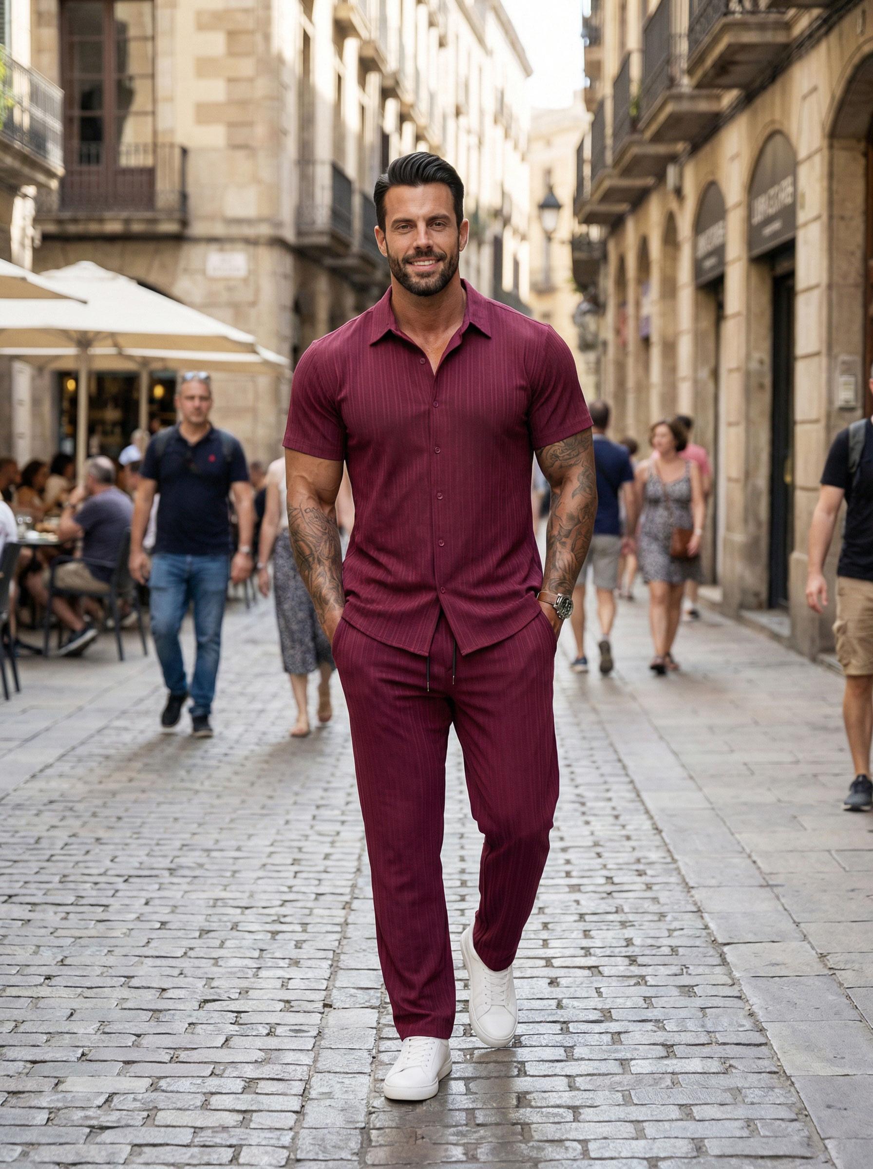 KZZ Men's Maroon Button-Front Shirt & Drawstring Pocket Trousers Set - Casual Short Sleeve Fitted Shirt & Elastic Waist Trousers for Summer Wear - Formal Menswear, FallFreshness Shortsleeve christmas gifts for him