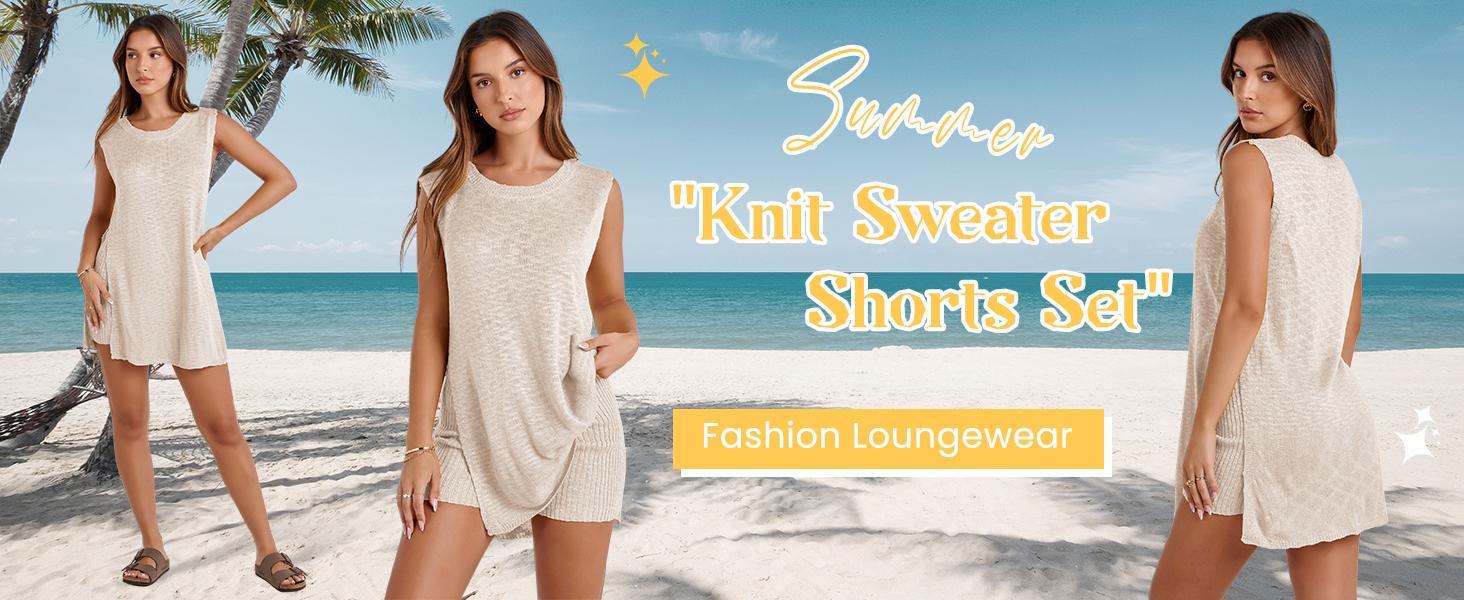 SCUSTY Women's 2 Piece Outfits Summer Knit Sweater Set Sleeveless Tunic Top Matching Shorts Trendy Beach Vacation Sets Loungesetwomen Suits Clothes Womenswear Basic Beige