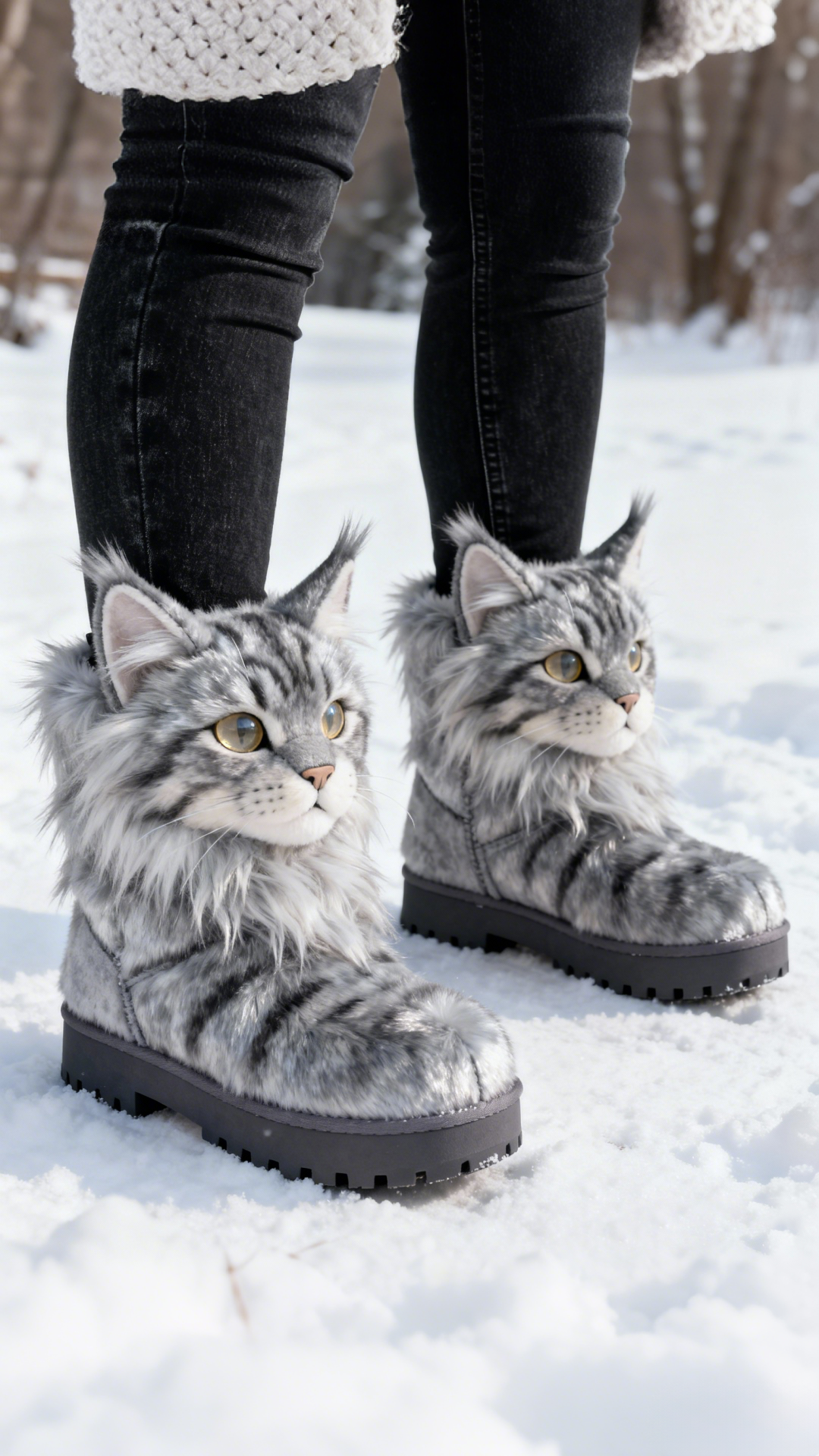 3D Majestic Maine Coon Cat Plush Snow Boots Fleece-Lined Non-slip Thick-soled Boots