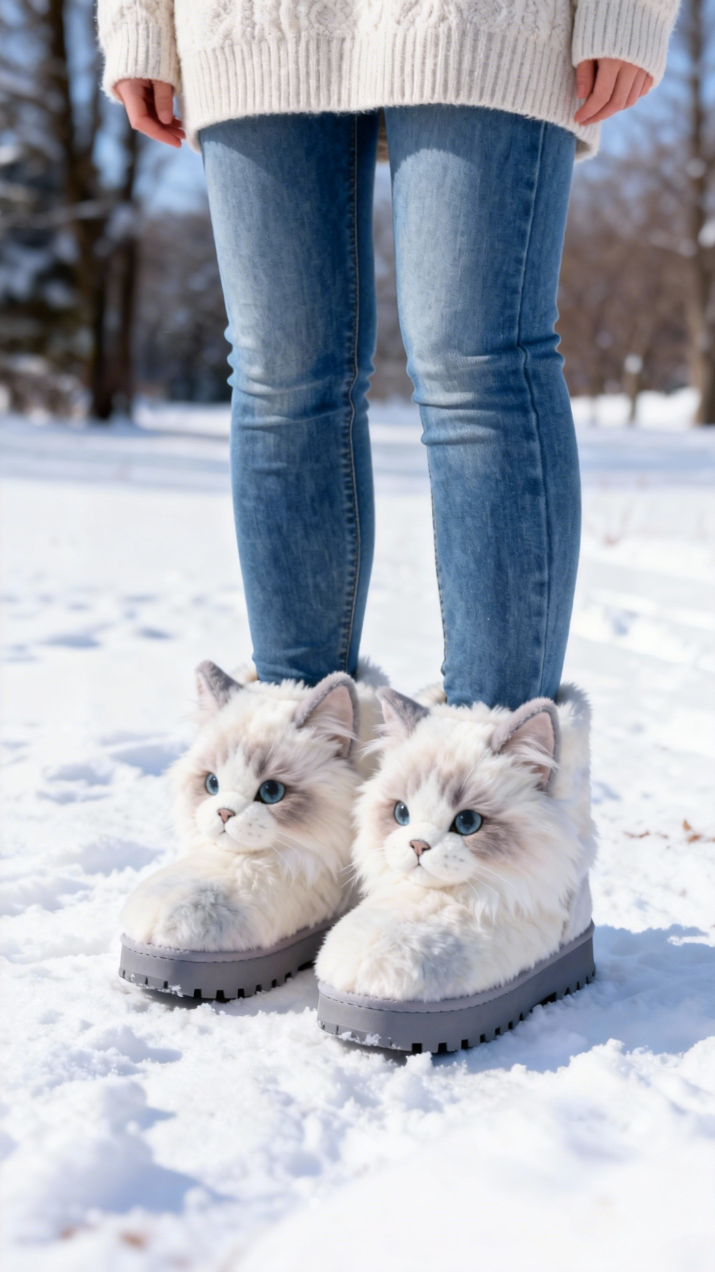 3D Adorable Ragdoll Cat Plush Snow Boots Fleece-Lined Non-slip Thick-soled Boots