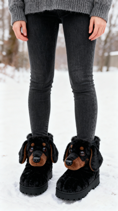 3D Cute Dachshund Plush Snow Boots Fleece-Lined Non-slip Thick-soled Boots