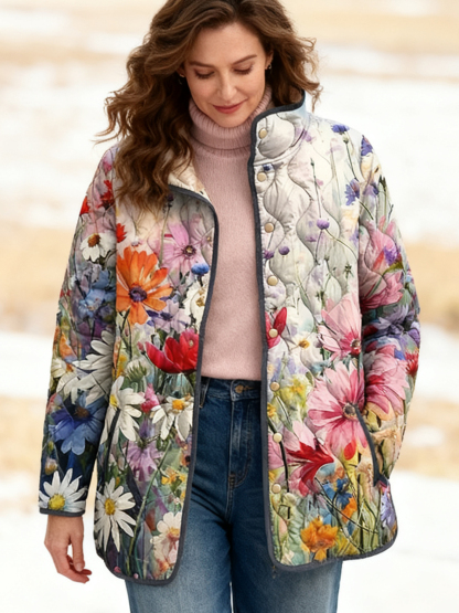 Watercolor Floral Print Lightweight Quilted Puffer Jacket Stand-Collar Casual Coat 