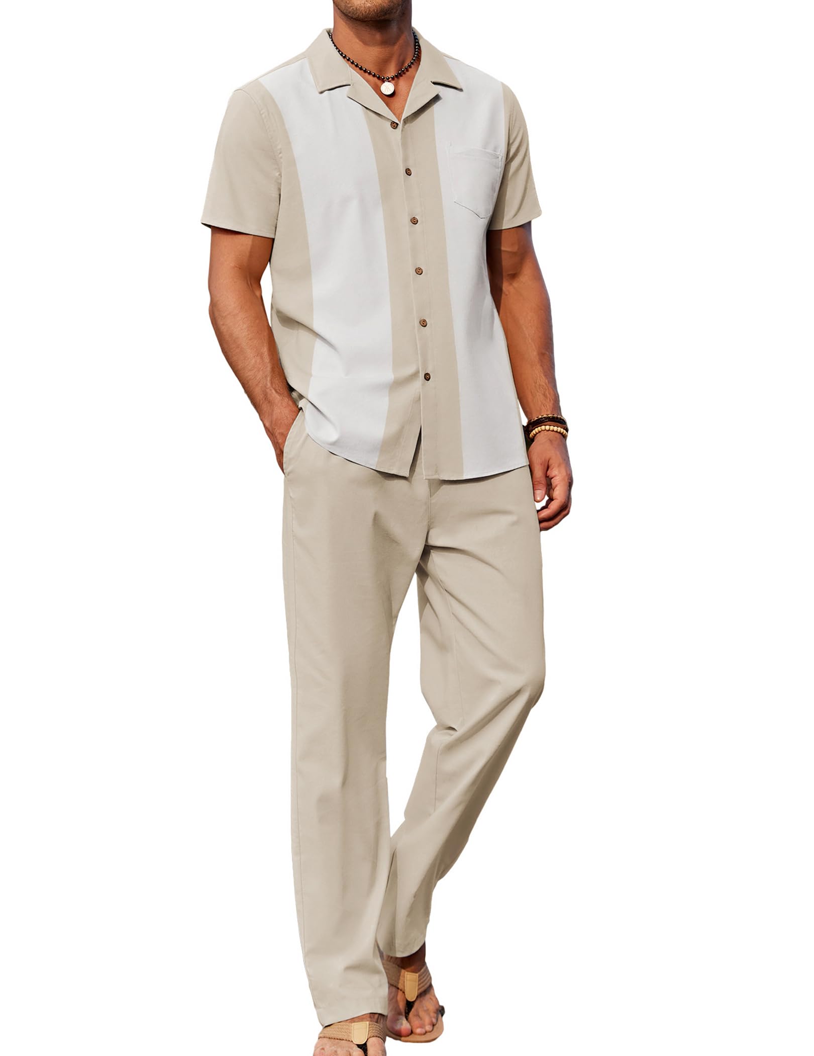 🔥Hot Summer Pick - Men's 2-Piece Linen Outfit Beach Button Down Shirt & Casual Loose Pant Set