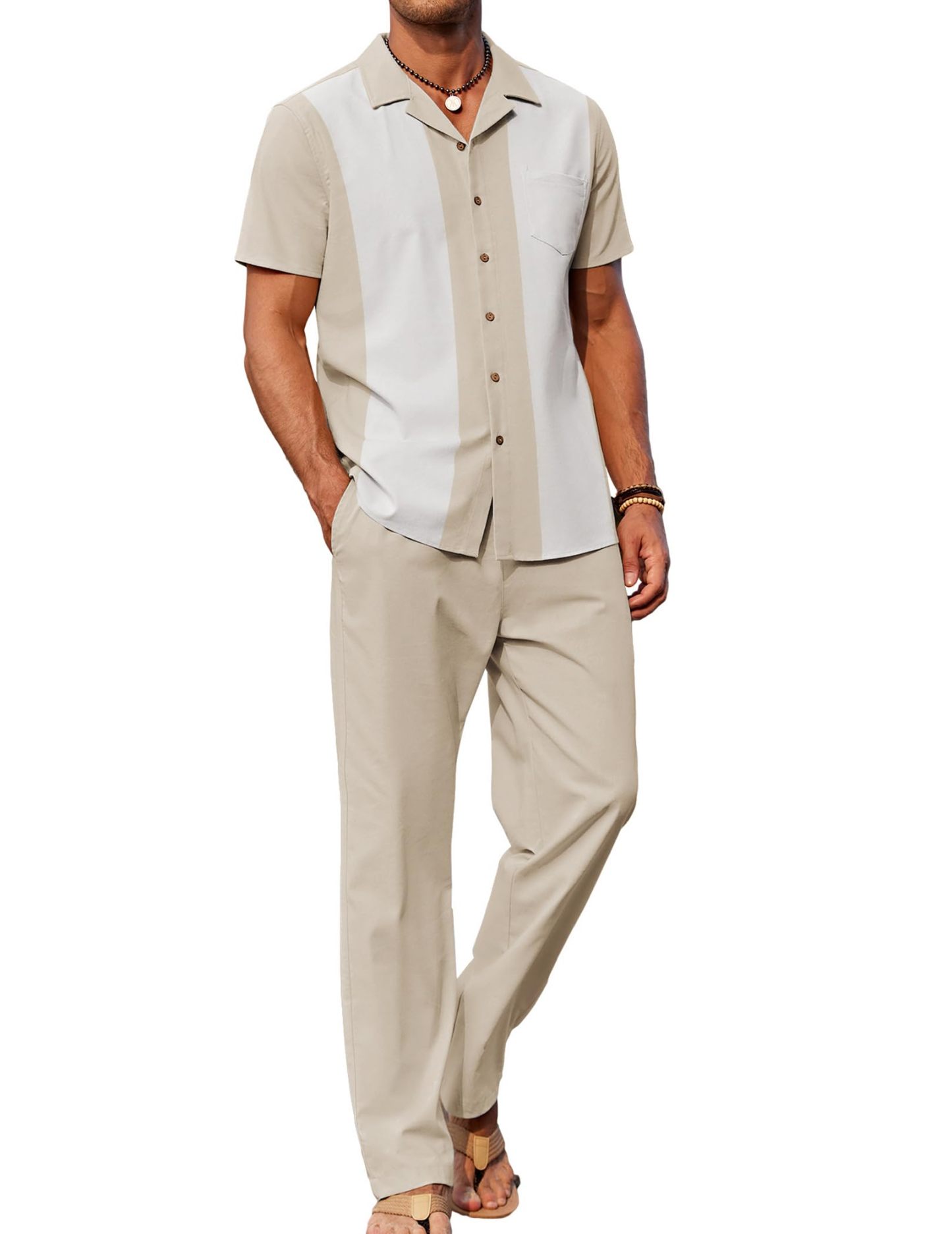 🔥Hot Summer Pick - Men's 2-Piece Linen Outfit Beach Button Down Shirt & Casual Loose Pant Set
