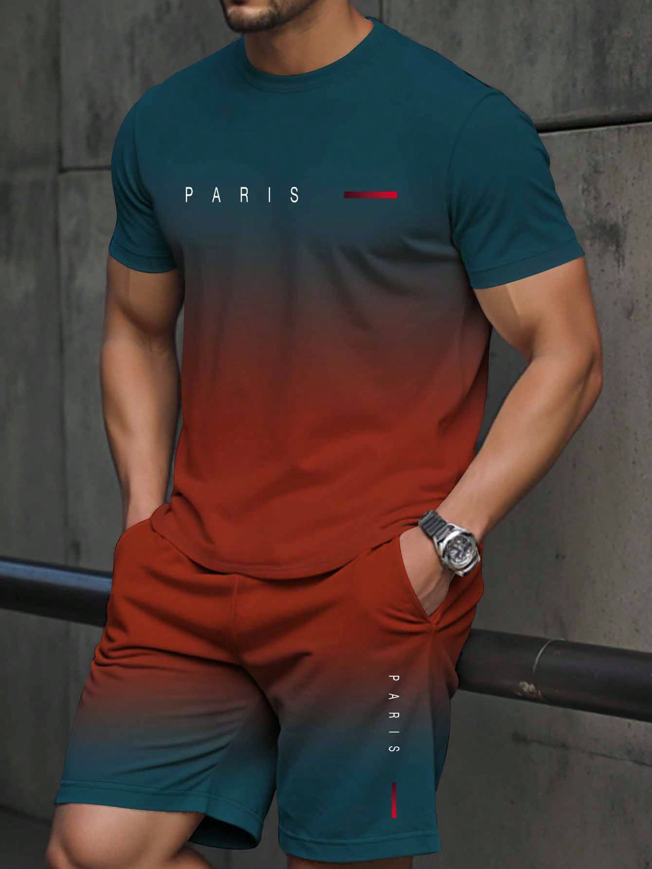 Men's Gradient Fitness Short Sleeve T-Shirt & Short 2-Piece Set