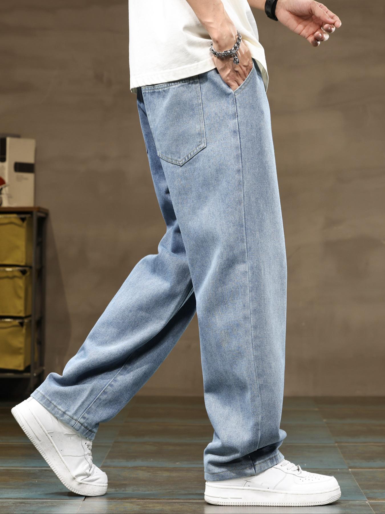 Men's drawstring waist straight-cut jeans, solid-colored Classic casual versatile non-stretch denim trousers, well-fitted straight-cut style, suitable for year-round wear, slightly smaller sizing recommended to order one size up