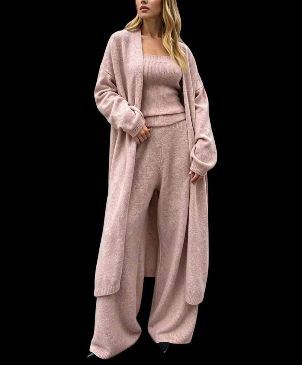 Three-Piece Knit Bustier Cardigan Pants Set