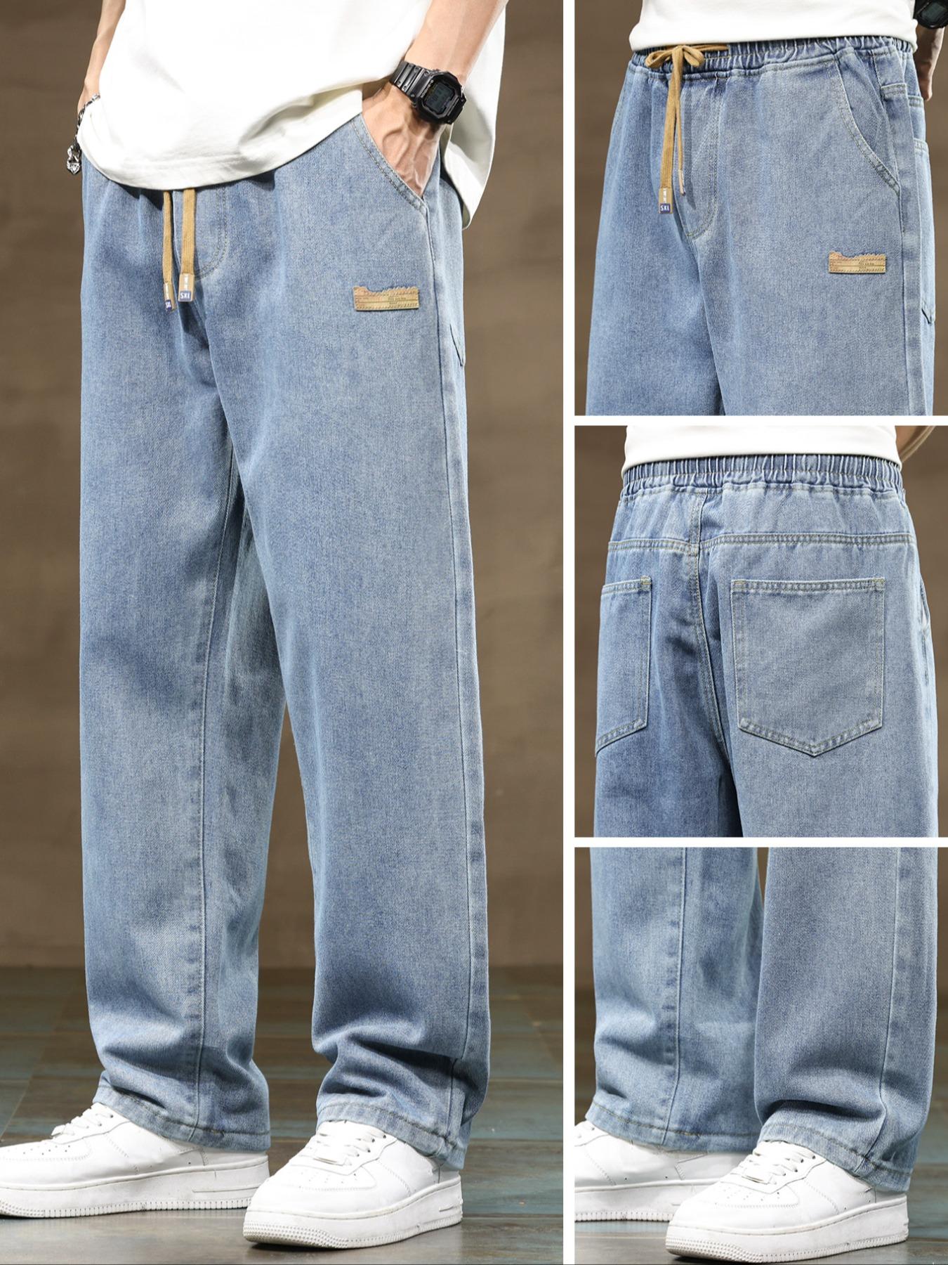 Men's Drawstring Waist Straight-Cut Jeans Washed Vintage Denim Pants