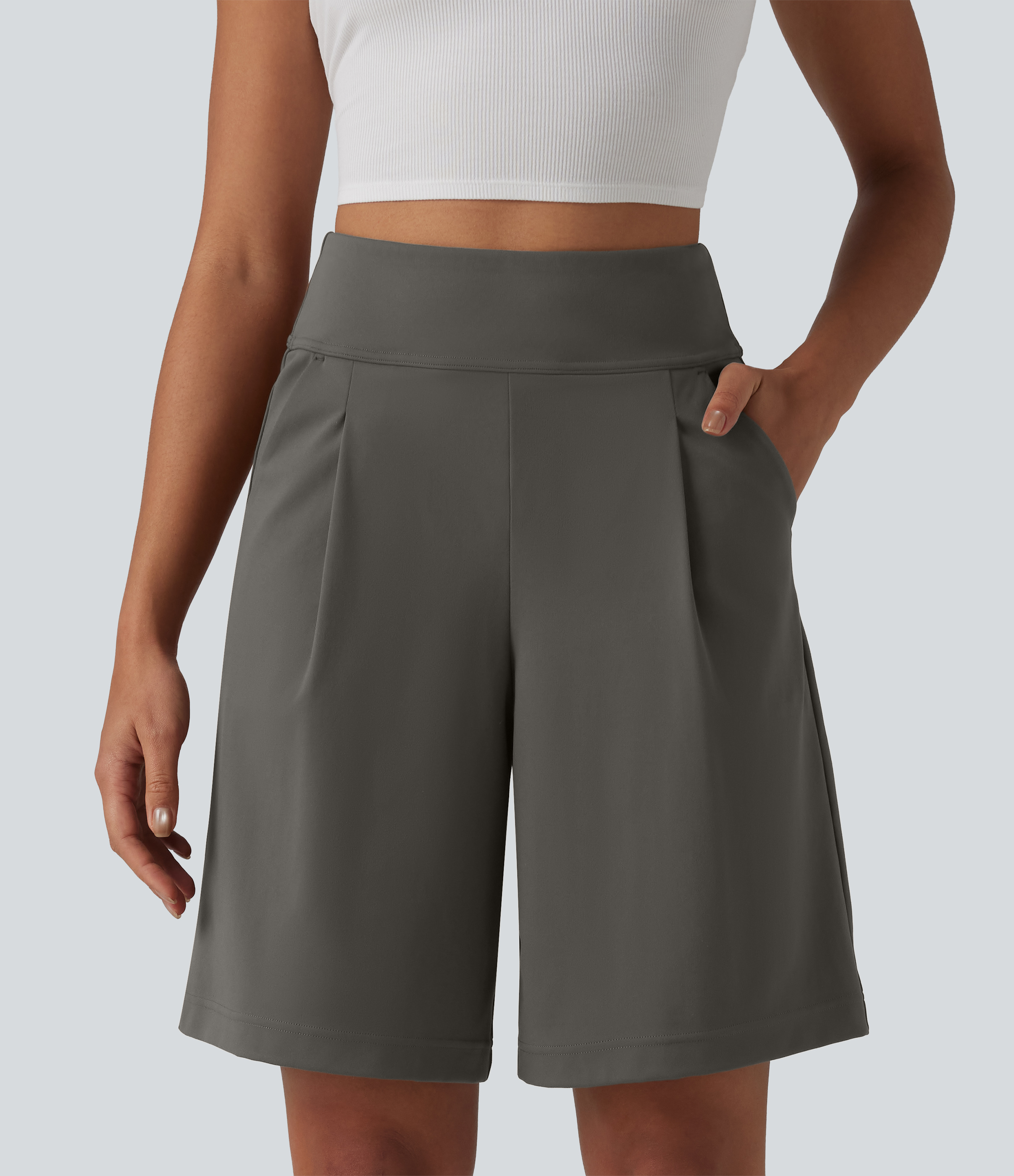 DayStretch High Waisted Pleated Work Bermuda Shorts 10'' with Pockets