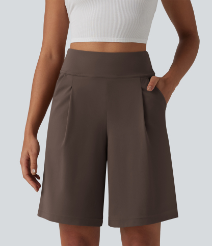 DayStretch High Waisted Pleated Work Bermuda Shorts 10'' with Pockets