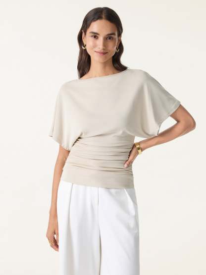 Effortless Boatneck Batwing Sleeve Side Ruched Top