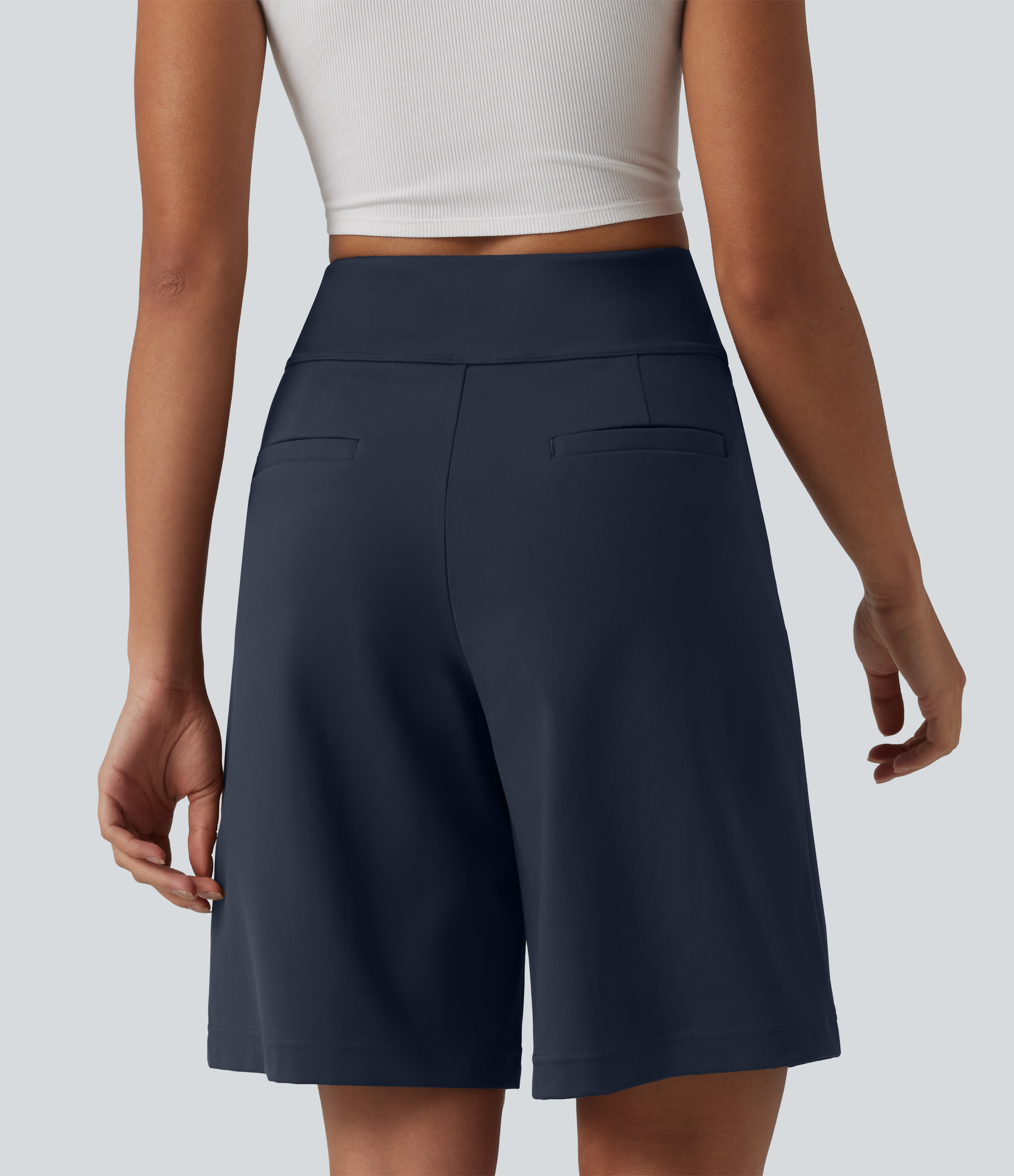 DayStretch High Waisted Pleated Work Bermuda Shorts 10'' with Pockets