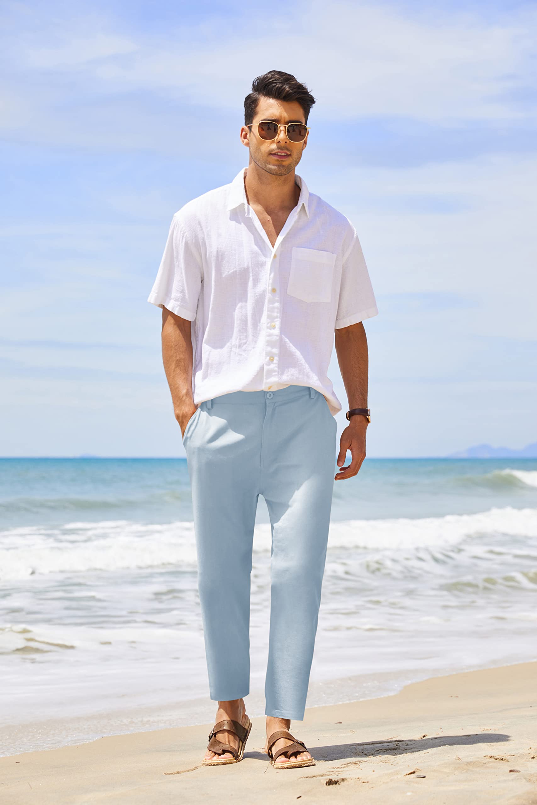 Men's Cotton Linen Pants Elastic Waist Lightweight Casual Pant