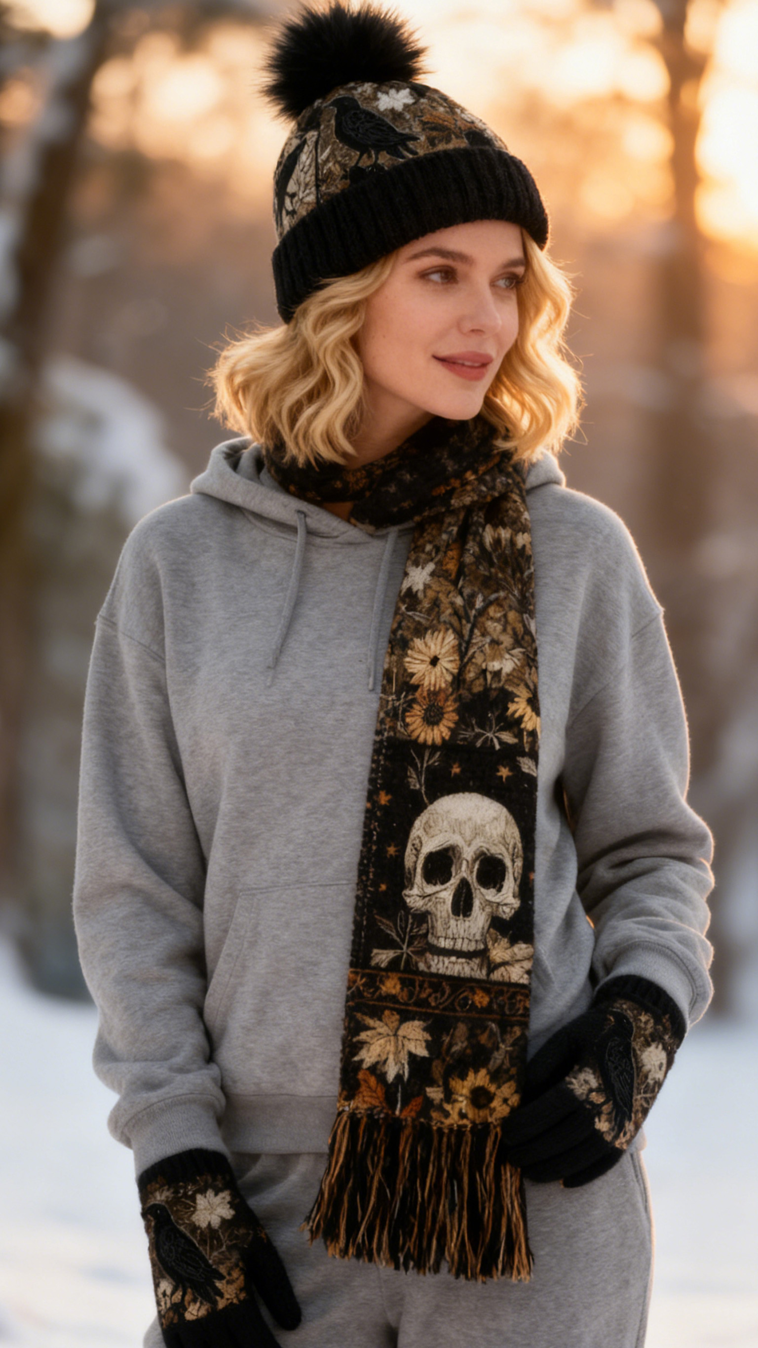 Womens Dark Raven Skull 3Pcs Knit Hat Long Scarf and Touchscreen Gloves Set Fleece Lined Pom Pom Beanie Winter Gift 