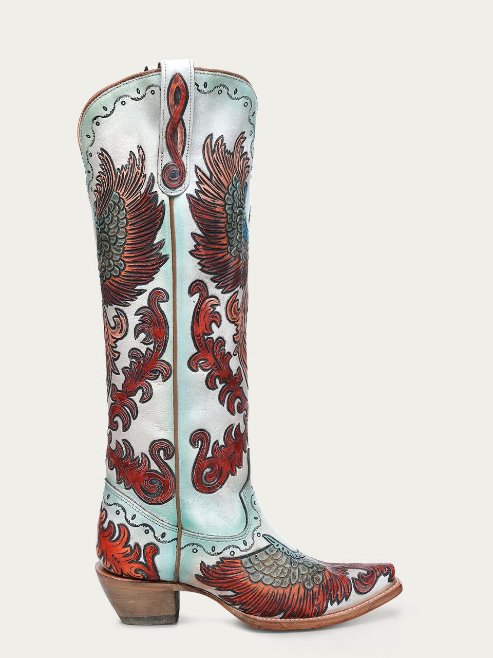 A4516 - WOMEN'S HAND PAINTED AND TOOLED FIRE PHOENIX WHITE TALL TOP SNIP TOE COWBOY BOOT