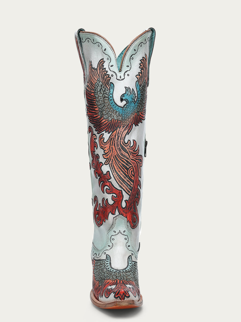 A4516 - WOMEN'S HAND PAINTED AND TOOLED FIRE PHOENIX WHITE TALL TOP SNIP TOE COWBOY BOOT