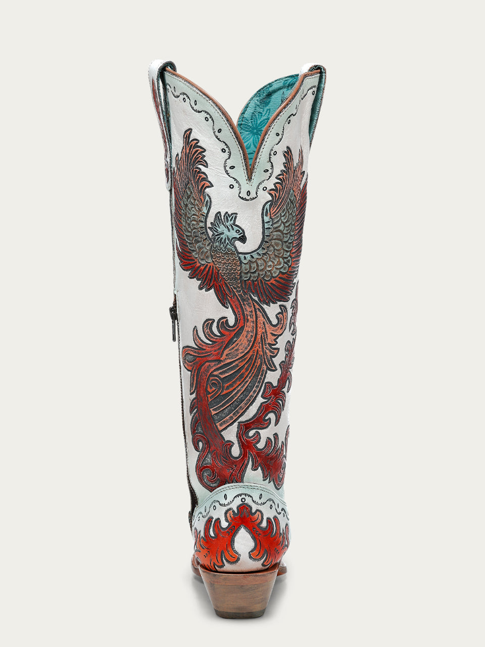 A4516 - WOMEN'S HAND PAINTED AND TOOLED FIRE PHOENIX WHITE TALL TOP SNIP TOE COWBOY BOOT