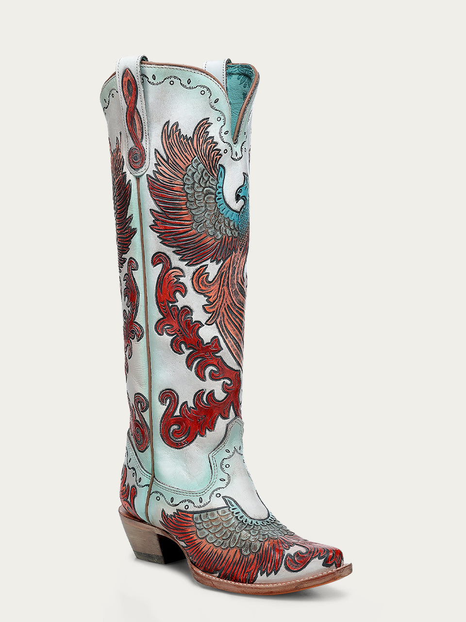 A4516 - WOMEN'S HAND PAINTED AND TOOLED FIRE PHOENIX WHITE TALL TOP SNIP TOE COWBOY BOOT