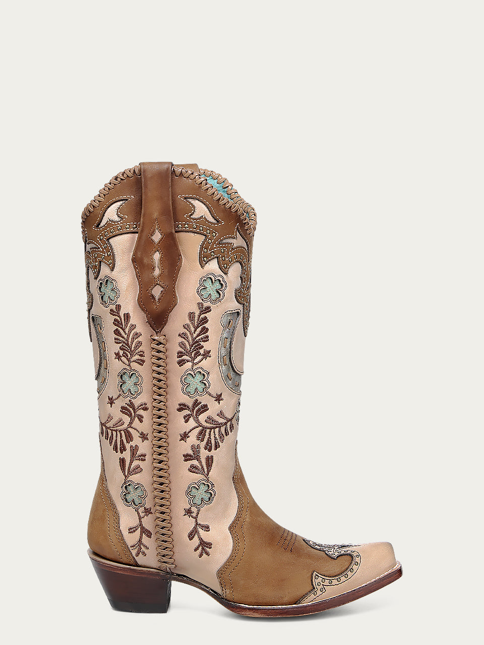 A4863 - WOMEN'S HONEY HORSESHOE OVERLAY EMBROIDERY STUDS HANDWOVEN SNIP TOE COWBOY BOOT